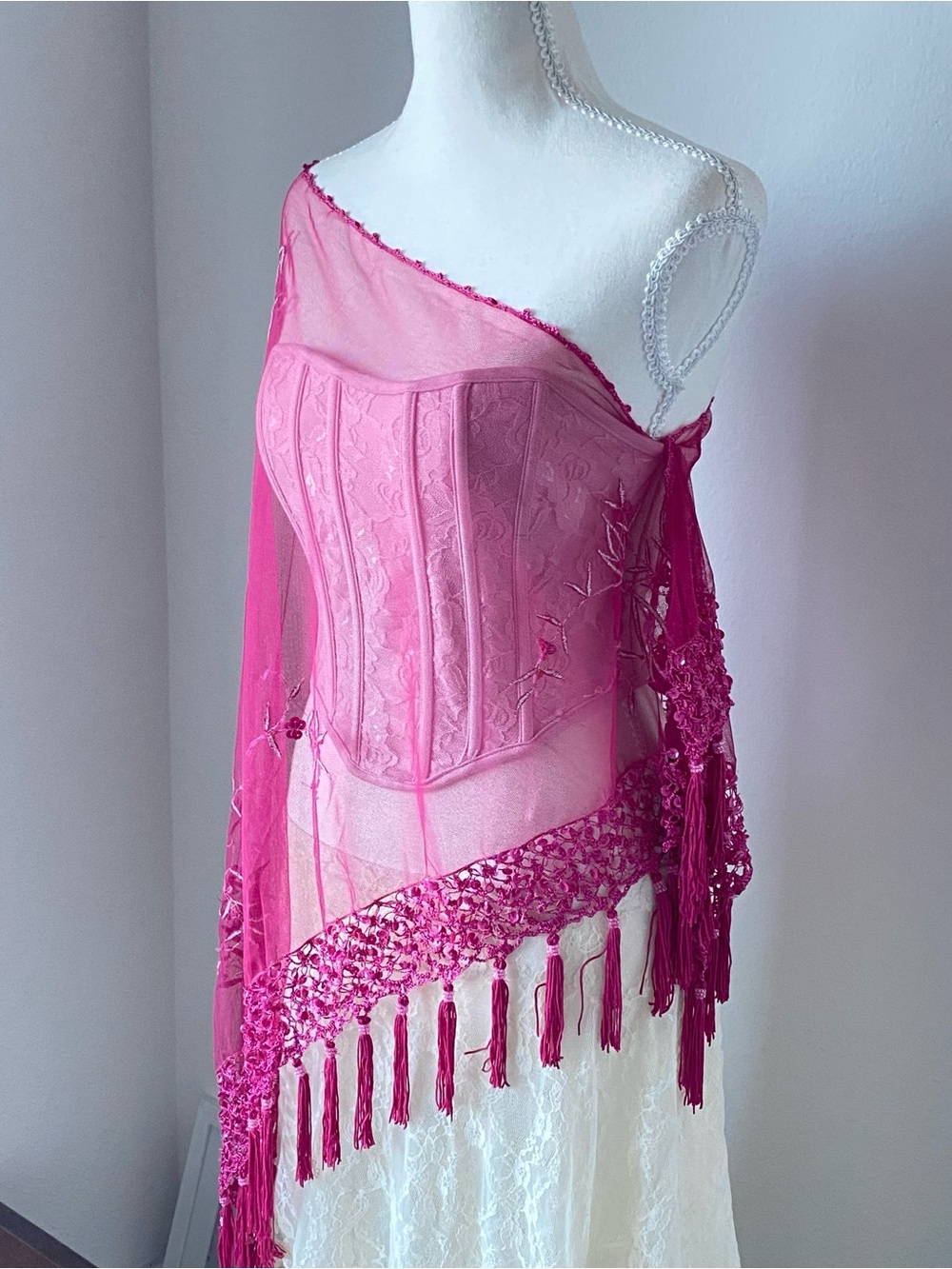 Sheer Floral Fringe Scarf in Hot Pink - Women Accessories